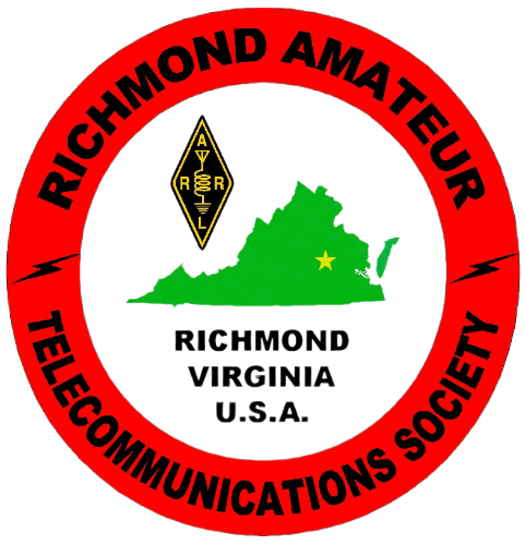 Club logo.  A red circle containing a green map of the state of Virginia, the ARRL logo, and the text "Richmond Amateur Telecommunications Society, Richmond, Virginia U.S.A."